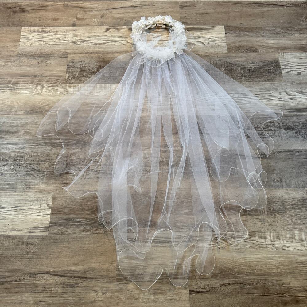 Vintage 80s White Tulle Bridal Veil Floral Crown Pearl Wedding Headpiece Bride